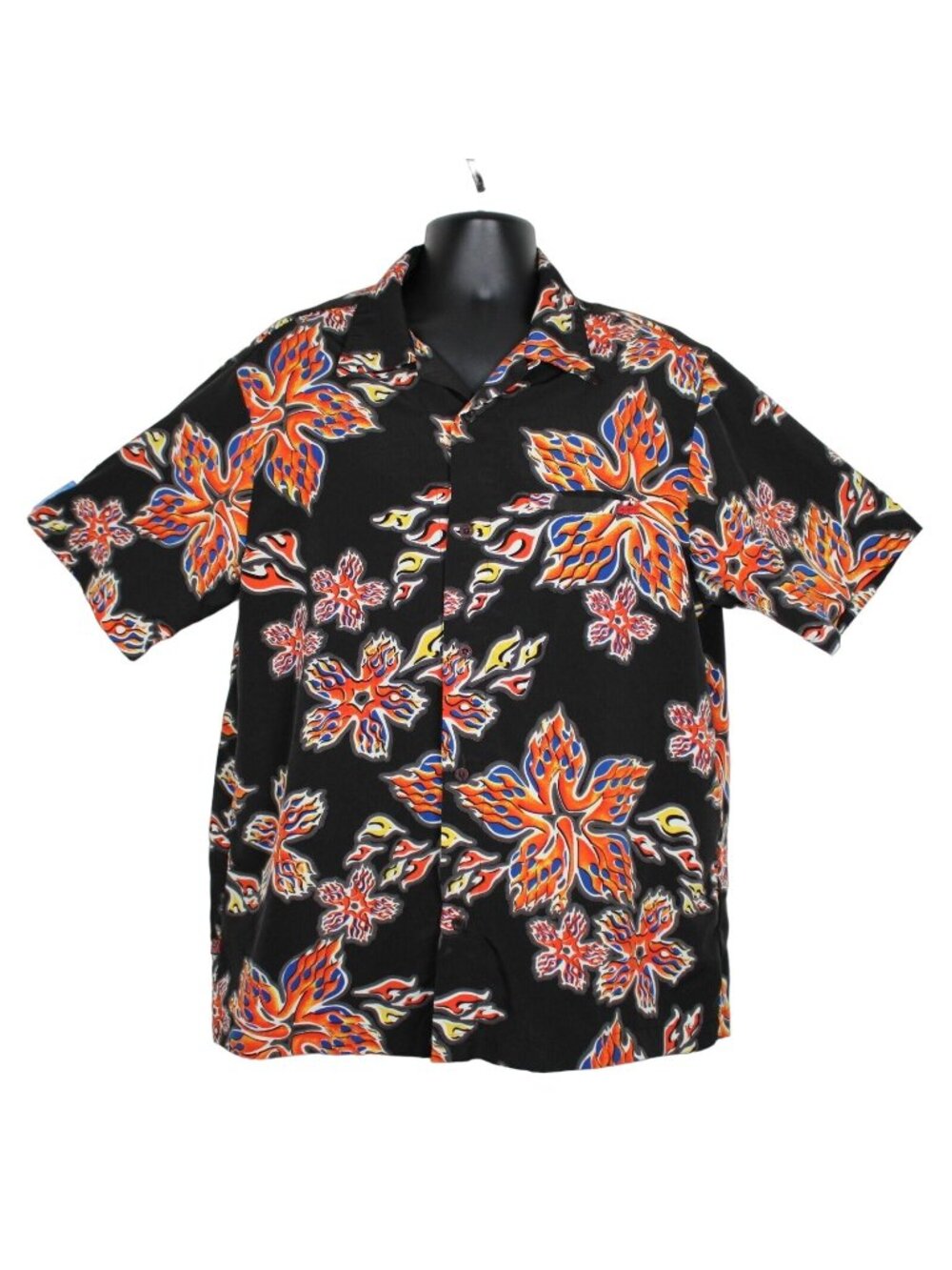 Rusty Surf Flamed Hibiscus Black Button Up Short Sleeve Shirt Mens XL All Over